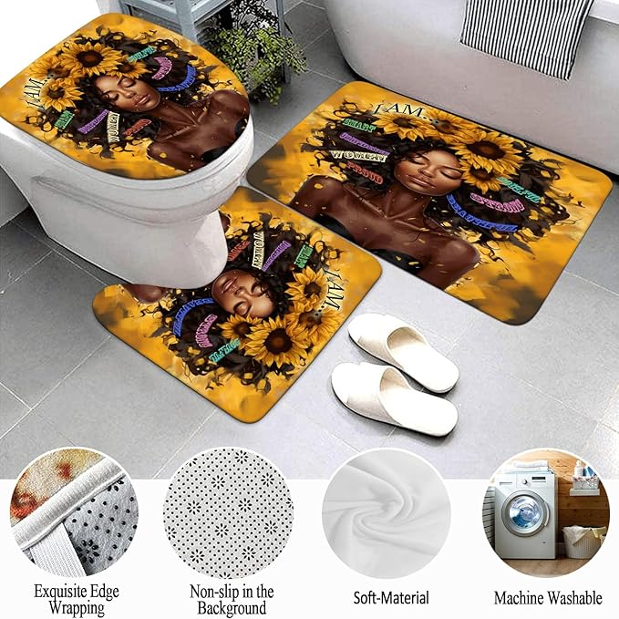 4 Pcs Sunflower Black Girl Shower Curtain Sets, Inspirational Words African Queen Bathroom Sets with Shower Curtain and Rugs Toilet Lid Cover Bath Mat, Soft Fabric Shower Curtains with Hooks