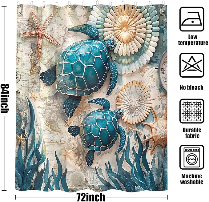 84 Inch Extra Long Nautical Sea Turtle Shower Curtain Vintage Ocean Teal Blue Turtles Seashell Starfish Shower Curtains for Bathroom 3D Retro Map Beach Coastal Waterproof Fabric Bath Curtain Decor