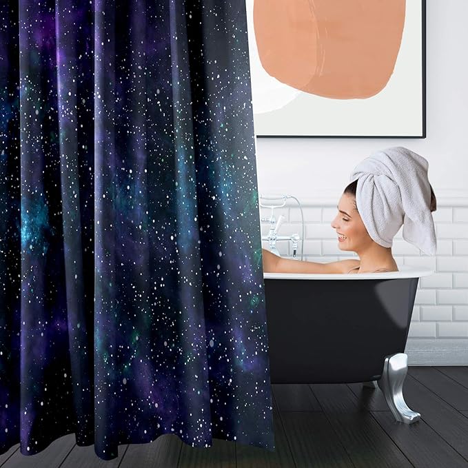 Britimes 4 Piece Shower Curtain Sets, with 12 Hooks, Space Galaxy Star with Non-Slip Rugs, Toilet Lid Cover and Bath Mat for Bathroom Decor Set, 72" x 72"