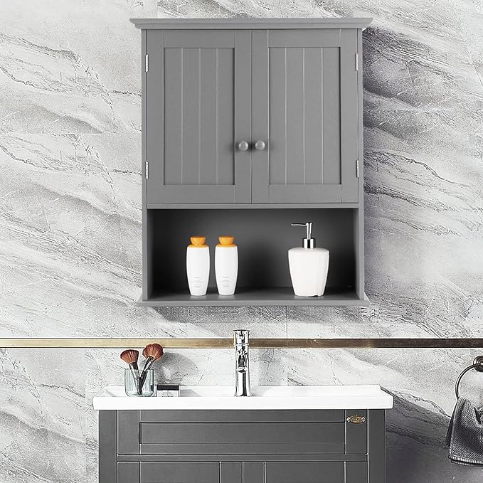 COSTWAY Wall Mounted Bathroom Cabinet, Over the Toilet Storage Cabinet w/Double Doors & Adjustable Shelf, Wood Hanging Medicine Cabinet for Living Room, Entryway, Kitchen (Gray)