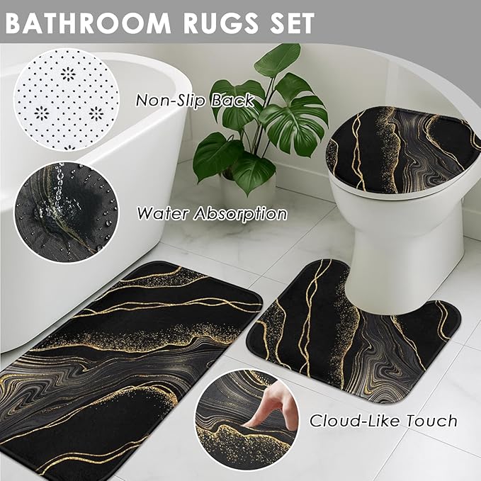 Marble Black Bathroom Decor and Accessories Set, Shower Curtain and Rug Set with Trash Can, Soap Dispenser, Soap Dish, Toothbrush Holder, Toothbrush Cup, Toilet Brush