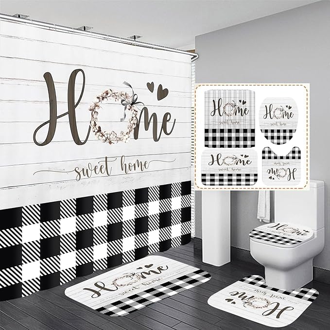FZDHHY 4Pcs Black and White Shower Curtain Set, Modern Farmhouse Bathroom Sets, Buffalo Plaid Bathroom Sets with Shower Curtain and Rugs, Shower Curtain with 12 Hooks