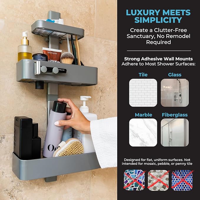 ShowerSMART Rust Resistant Shower Caddy, Wall Mount Shower Storage & Rack with Adjustable Shelves, Easy Clean Trays & Magnetic Hooks for Bathroom Remodel Upgrades, Black