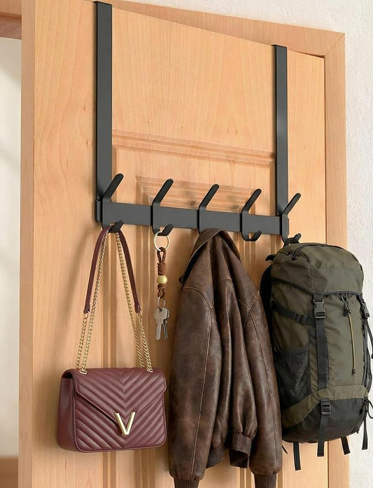 Long Over The Door Hooks Hanger with 15.75" Arms for Easier Access by Shorter, J16U, Perfectly Fits US Standard 1 3/8-inch Doors, Towel Rack Bathroom Organizer Holder, Rustproof, Black