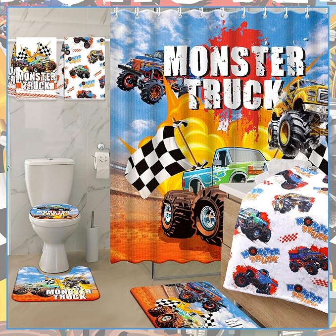 Nuanchu 6 Pcs Shower Curtain Set with Rug Monster Truck Bathroom Sets with Shower Curtain Bath Mat U Shaped Mat Toilet Lid Cover 2 Bath Towels and 12 Hooks Monster Truck Bathroom Decor