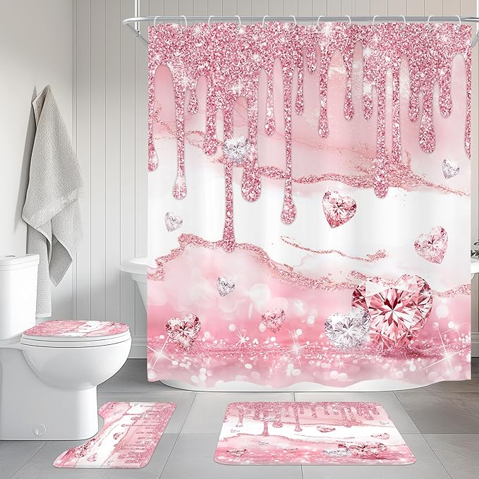 Cinbloo 4Pcs Pink Diamond Shower Curtain Set, Rose Gold Bling Modern Fashion Bathroom Curtain with Rug, Toilet Lid Cover, Bath Mat, Luxury Elegant Women Girls Shower Curtain with 12 Hooks