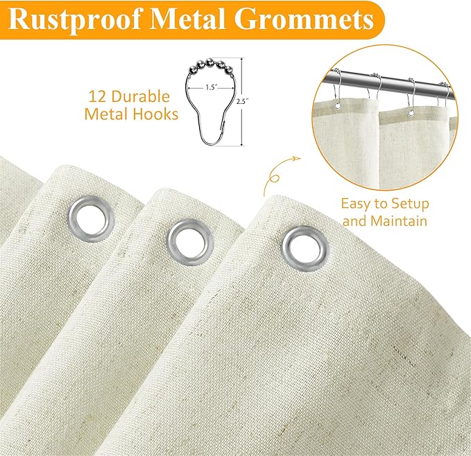 Naturoom Ivory Linen Shower Curtain, Cloth Textured Fabric Shower Curtain Set with Hooks, Simple Elegant Modern Farmhouse Country Ultra Thick Bath Curtains for Bathroom,Water Repellent,54x78