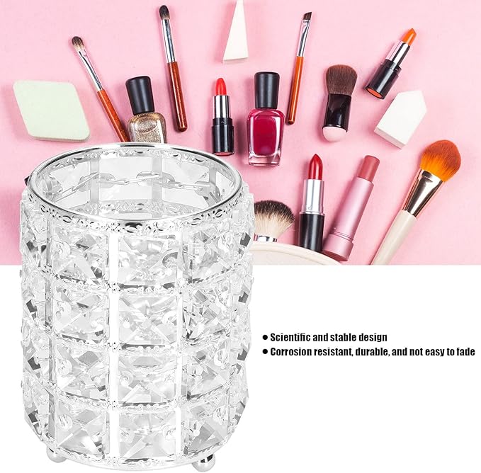 Pilipane European sty1e Rounded Crystal Glass Cosmetic Lunch Box for Bathroom Home Bedroom Office (Silver), Acrylic Makeup Brush Holder Lunch Box, Clear Pencil Pen Holder, Makeup Brush Holder
