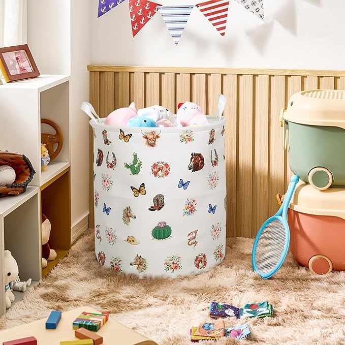Highland Cow Laundry Basket Cute Western Cows Laundry Hamper, Cowboy Kids Large Storage Bins Box with Handles, Ideal for Room Nursery Decor, Books, Organizing Clothes, Toys