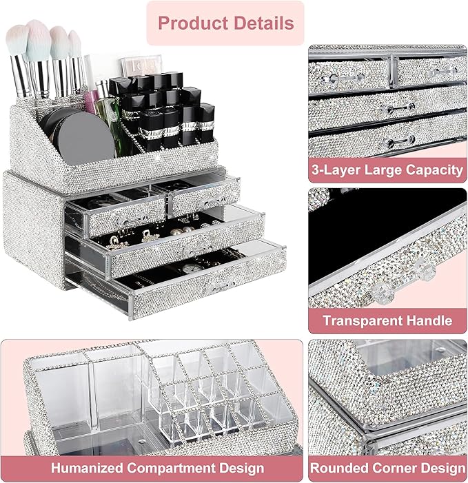 KEYPOWER Makeup Organizers Drawer Bling Diamond,Countertop Jewelry Cosmetic Storage Display Boxes,Makeup Brush Holder,2 Pieces Set(Purely Handmade) (White A)