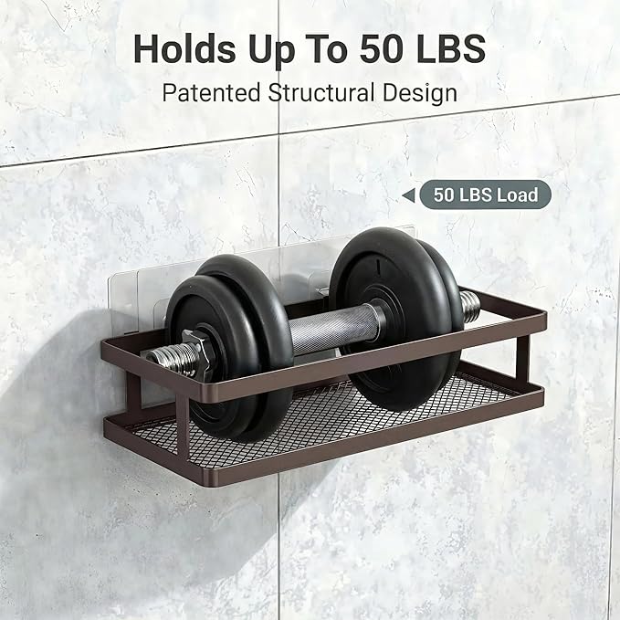 PUSDON 2-Pack Minimalist Shower Caddy Wall Mount, Open Frame Bathroom Shelf Organizer with Mesh Base, Rustproof Floating Spice Rack for Kitchen, Holds 50 LBS, 4 Hooks - Vintage Bronze, Guardrail