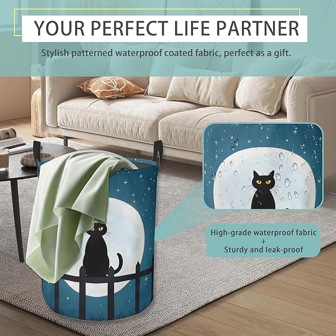 Laundry Basket With Handle, Dirty Clothes Laundry Hamper, Oxford Cloth Bin Storage Organizer for Toy Collection (Starry Night Cat)