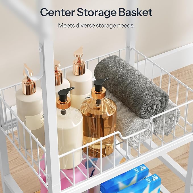 HOOBRO Free Standing Towel Rack, Blanket Rack with 3 Towel Bars, Storage Basket and Shelf, Towel Holder with Hook, Blanket Organizer, for Bathroom and Laundry, White and Natural WN13LB01