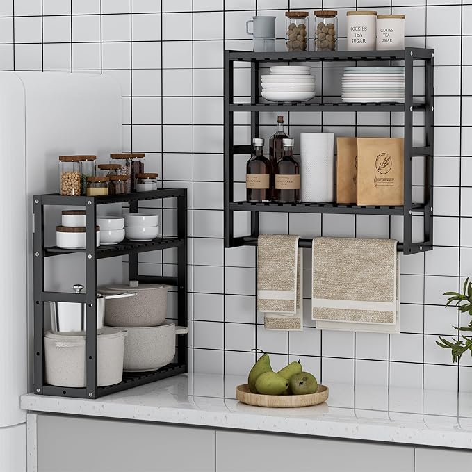 PPN Towel Rack Bathroom Storage Shelves Over The Toilet with Towel Bar 100% Bamboo Adjustable Height Floating Shelf Wall Shower Shelf for Small Space Bathroom Kitchen Multi Usage (Black-2Pack)