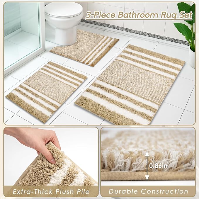Britimes Beige Stripes Bathroom Sets with Shower Curtain and Rugs, Minimalist Modern Striped Waterproof Shower Curtain Liner and Soft Non Slip Bath Mat for Bathroom Decor and Accessories Hooks
