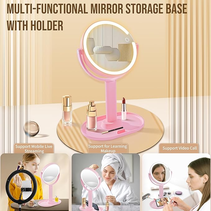 vpu Vanity Makeup Mirror with Lights, 10X/1X Double Sided Magnifying Light up Desk Mirror with Stand Cosmetic Organizer, 3 Color Brightness Adjustable 360° Rotation Detachable for Travel