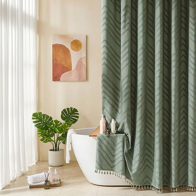 Extra Long Sage Green Shower Curtain with Tassel, Woven Fabric 90 in, Tufted Chevron Striped, 72 x 90, Modern Chic Textured Minimalist Bathroom
