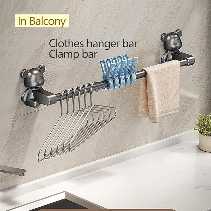 Towel Bar No Holes No Nails - 40cm Gray Bathroom Towel Racks, Wall Mount ABS Towel Holder for Bath,Rust Resistant, Self-Adhesive Buckle Easy Installation,2-Pack