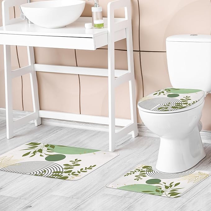 Riyidecor Boho Light Green 4Pcs Bathroom Shower Curtain Sets Mid Century Modern Minimalist Abstract Bathroom Decor Set with Rugs and Accessories Leaf Toilet Lid Rug, Contour and Bath Mat with 12 Hooks