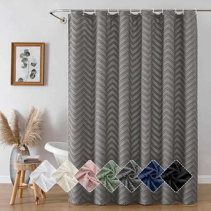 OVZME Boho Grey Bathroom Shower Curtain 78 Inches Long, Modern Farmhouse Boho Style Fabric Tufted Chevron Striped Texture Washable Shower Curtain for Bathroom, 72Wx78L Inches