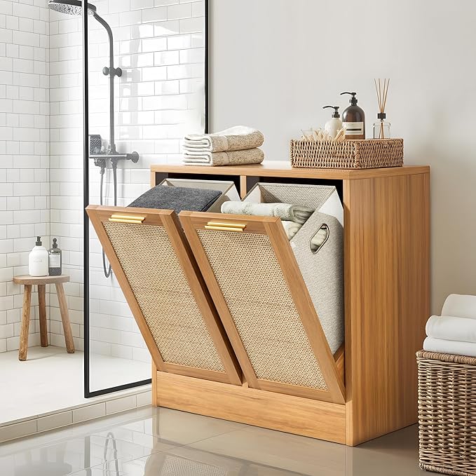 Laundry Cabinet, Bathroom Cabinet with with Breathable Real Rattan Design, Clothes Storge Basket with 2 Removable Laundry Baskets, Bathroom Storage Unit, Anti-tip, 66 x 39,5 x 68 cm, Naturel