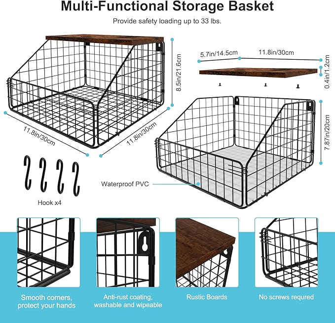 MSJGA Laundry Room Shelves Wall Mounted with Storage Basket - Farmhouse Stackable Wire Wall Shelves Organizer for Towels, Detergent, Tissues | Space-Saving Over Washer & Dryer(11.8" Wx12 Dx8.5 H)