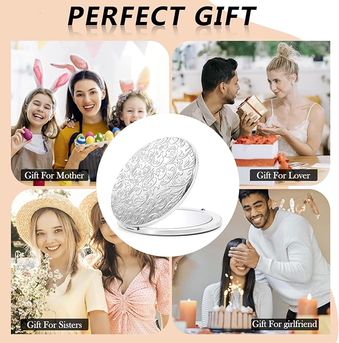 Oval Mini Portable Metal Folding Mirror, Beautiful and Elegant, Sturdy and Durable, 1X/2X Magnifier. (Oval Pattern Silver)
