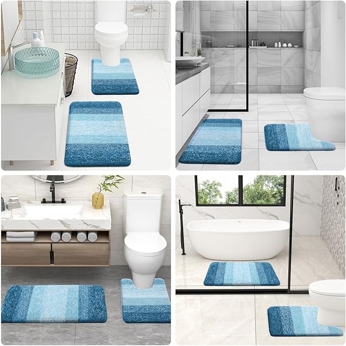 OLANLY Bathroom Rugs Sets 3 Piece, Soft Absorbent Microfiber Bath Mats and U-Shaped Contour Toilet Rug, Plush Shaggy Bath Mat Set for Bathroom (47"x20"+24"x16"+24"x20", Peacock Blue)