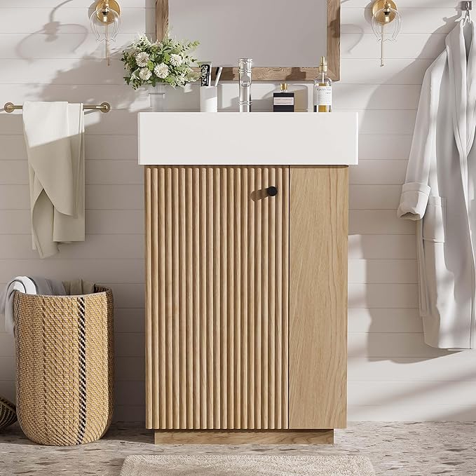 Virubi 21.6" Small Fluted Bathroom Vanity with Sink,Soft Closing Doors and Storage Shelves,Natural Wood Single Bathroom Sink Cabinet Combo Freestanding, Natural Wood