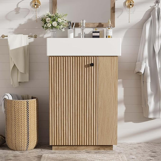Virubi 21.6" Small Fluted Bathroom Vanity with Sink,Soft Closing Doors and Storage Shelves,Natural Wood Single Bathroom Sink Cabinet Combo Freestanding, Natural Wood