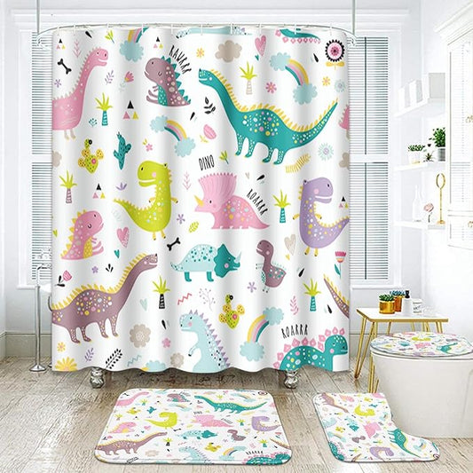 Arttown Dragon Dinosaurs Bathroom Set with Shower Curtain and Rugs and Accessories, Colorful Rainbow Pink, Cute Funny Kids Shower Curtains for Bathroom Decor 4 Pcs
