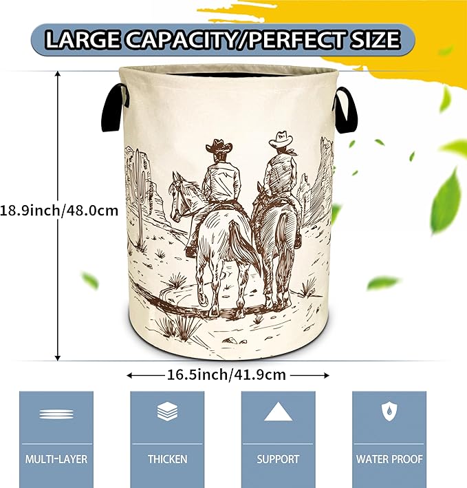 Western Cowboy Laundry Basket Desert Horse Foldable Oxford Cloth Funny Tote Bag Laundry Hamper Clothes Storage Bucket Organizer For Bathroom/Laundry Storage/Bedroom 18.9x16.5 Inch