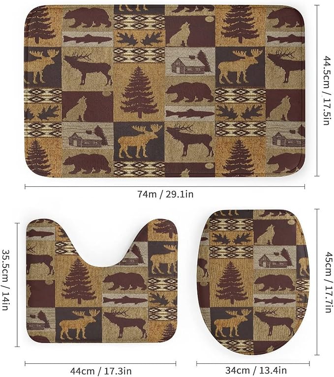 Retro Rustic Bear Country Style 4 Piece Shower Curtain Sets, Non-Slip Rugs, Toilet Lid Cover and Bath Mat, Durable and Waterproof, for Bathroom Decor Set One Size