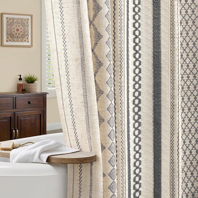 Grey Boho Shower Curtain for Bathroom,Beige Linen with Striped Print and Twine-Inspired Woven Center,72" W x 72" L