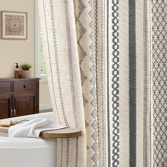 Grey Boho Shower Curtain for Bathroom,Beige Linen with Striped Print and Twine-Inspired Woven Center,72" W x 72" L
