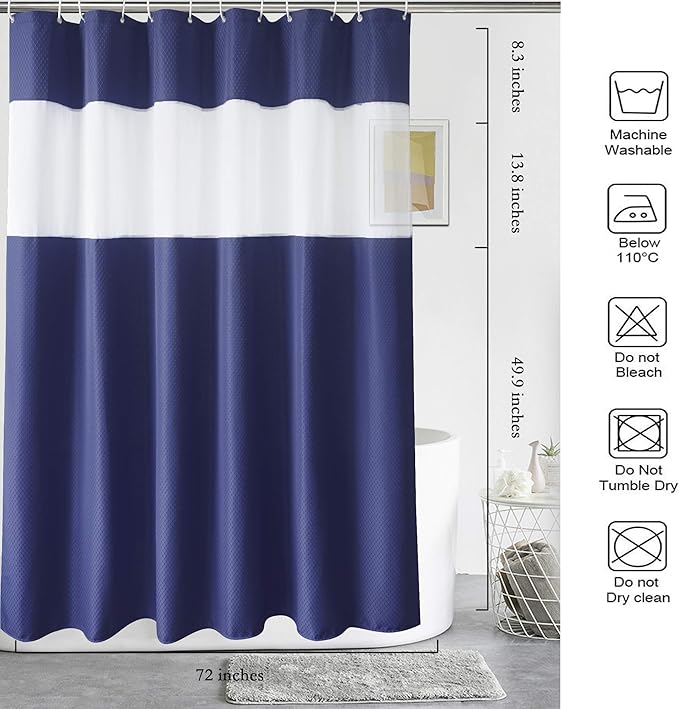 UFRIDAY Waffle Weave Fabric Shower Curtain with Mesh Window, Heavy Duty Decorative Bathroom Curtain with White Pique Pattern, Spa-Like Hotel Luxury, Water-Repellent,72 x 72 Inches