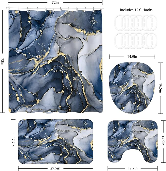 4PCS Navy Blue Marble Shower Curtain Sets with Rugs, Abstract Dark Blue Bathroom Sets with Shower Curtain and Rugs, Modern Bathroom Curtains Shower Set with Toilet Lid Cover