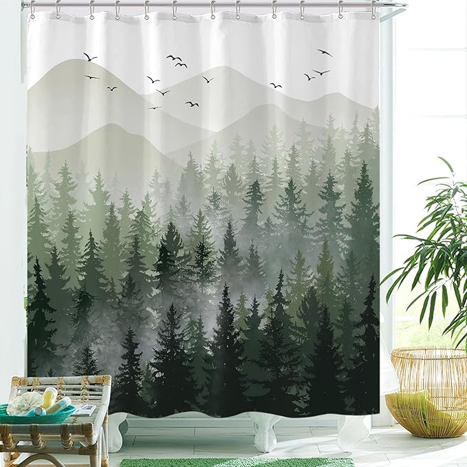 Accnicc Green Misty Forest Shower Curtain Ombre Sage Green White Waterproof Fabric Shower Curtains for Bathroom Nature Pine Tree Mountain Woodland Decorative Bath Curtain Decor (72'' × 72'')