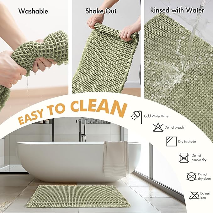 MIULEE Set of 2 Waffle Bathroom Rugs, Boho Bath Rugs Non Slip Washable, Super Absorbent Bath Mats, Ultra Soft Rubber Backed Shower Mats for Bathroom Floor, Tub, Sage Green, 17"x24"+18"x30"