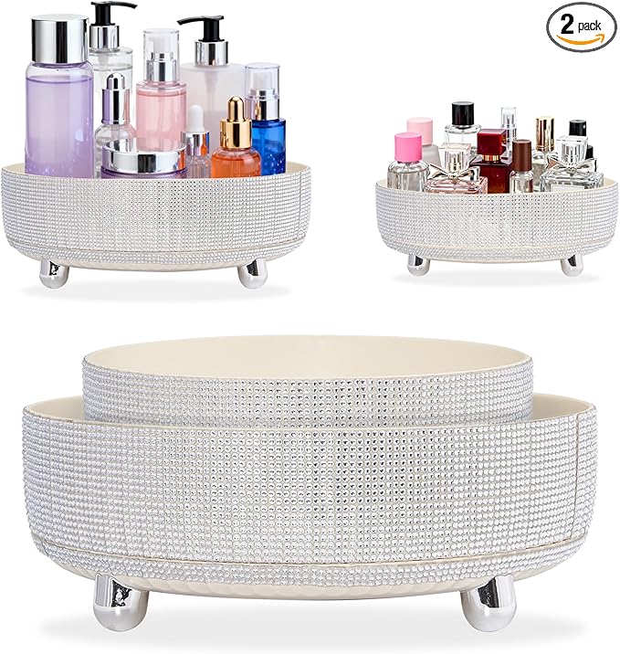 Rotating Bling Perfume Makeup Organizer, Rhinestone Cosmetic Display Cases with 2-Piece Set, 360° Spinning Bathroom Organizers for Countertop, Vanity Table | White