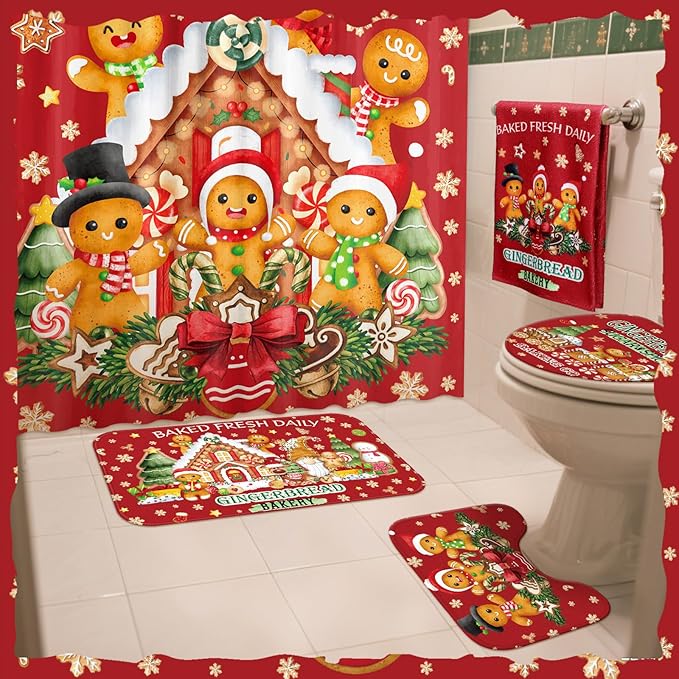 FuWeave 8 Pcs Christmas Shower Curtain Set Xmas Santa Bathroom Decoration Christmas Tree Hand Towels Snowman Toilet Lid Cover Bathroom Rugs Xmas Shower Curtain with Hooks(Gingerbread Man)