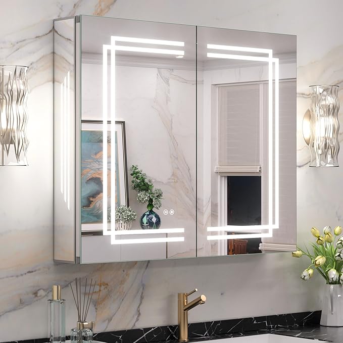 Keonjinn 30 x 26 in LED Medicine Cabinet, Bathroom Mirror Medicine Cabinets with Lights, Double Doors, Tempered Glass, UL-Listed, No Outlets, Adjustable Shelves, 3 Color Lights, Wall Mount Only