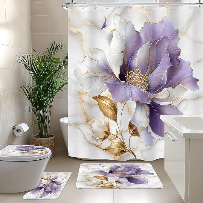 Riyidecor Purple Gold Marble Floral 4Pcs Bathroom Shower Curtain Sets Modern Abstract Flower Bathroom Decor Set with Rugs and Accessories Minimalist Toilet Lid Rug, Contour and Bath Mat with 12 Hooks
