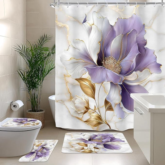 Riyidecor Purple Gold Marble Floral 4Pcs Bathroom Shower Curtain Sets Modern Abstract Flower Bathroom Decor Set with Rugs and Accessories Minimalist Toilet Lid Rug, Contour and Bath Mat with 12 Hooks