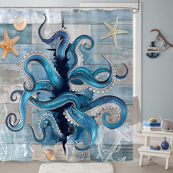 Accnicc Navy Blue Octopus Shower Curtain Funny Ocean Nautical Kraken Seashell Starfish Shower Curtains for Bathroom Beach Coastal Wooden Cool Unique Waterproof Fabric Bath Curtain Decor 72 X 72 Inch