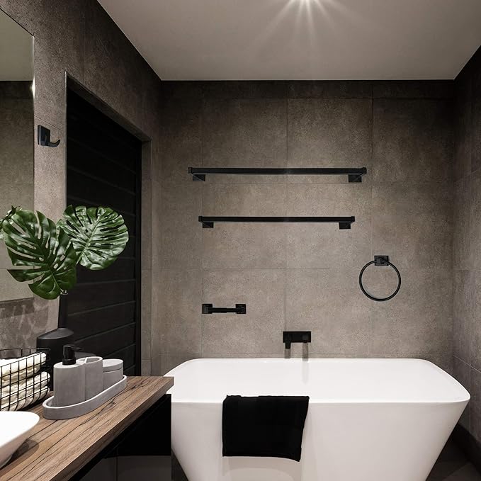 SENTO Cellar Classic Bathroom Accessories Set, Heavy Duty Metal Bath Hardware Set Wall Mounted, Includes Robe Hook, Toilet Paper Holder, Towel Ring, 18” & 24” Towel Bar (5-Piece, Matte Black)