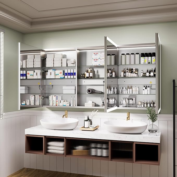 LED Medicine Cabinet Mirror, 60x30 Inch Bathroom Storage, Recessed/Wall Mount, Plug-in/Hardwired, 3 Color Dimmable Light, Anti-Fog, Time Temp Display