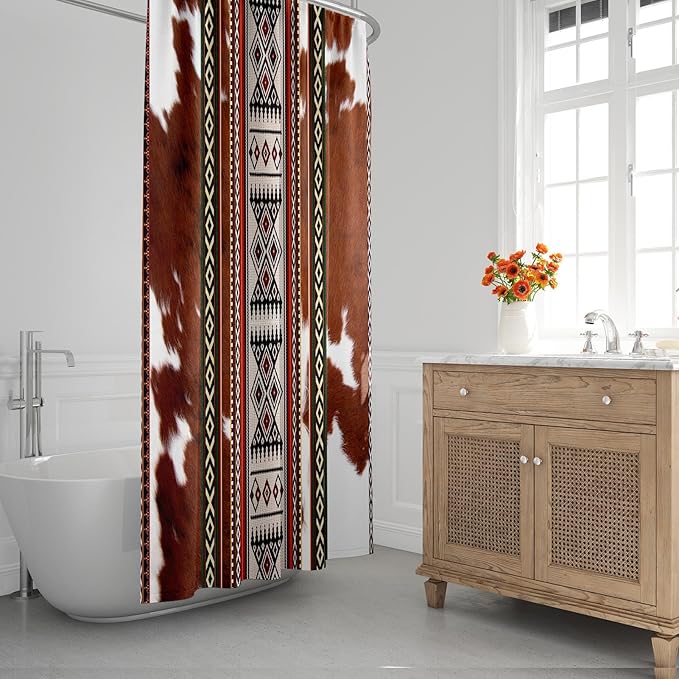 Pamnest 4 Pcs Shower Curtain Sets, Cowhide Cow Brown Waterproof Bathroom Sets with Non-Slip Rugs, Toilet Lid Cover and Bath Mat, Accessories Modern Home Bathroom Decor 72" X 72"