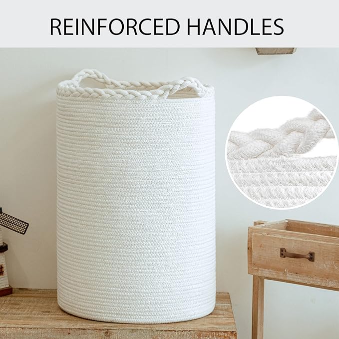 58L Woven Laundry Basket,Cotton Tall Laundry Hamper for Blankets,Clothes,Pillows,Toys,Shoes Large Laundry Bin White
