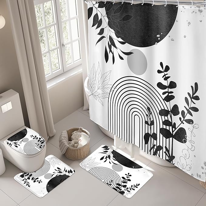 Riyidecor Mid Century 4Pcs Bathroom Shower Curtain Sets Abstract Aesthetic Geometric Minimalist Bathroom Decor Set with Rugs and Accessories Modern Toilet Lid Rug, Contour and Bath Mat with 12 Hooks